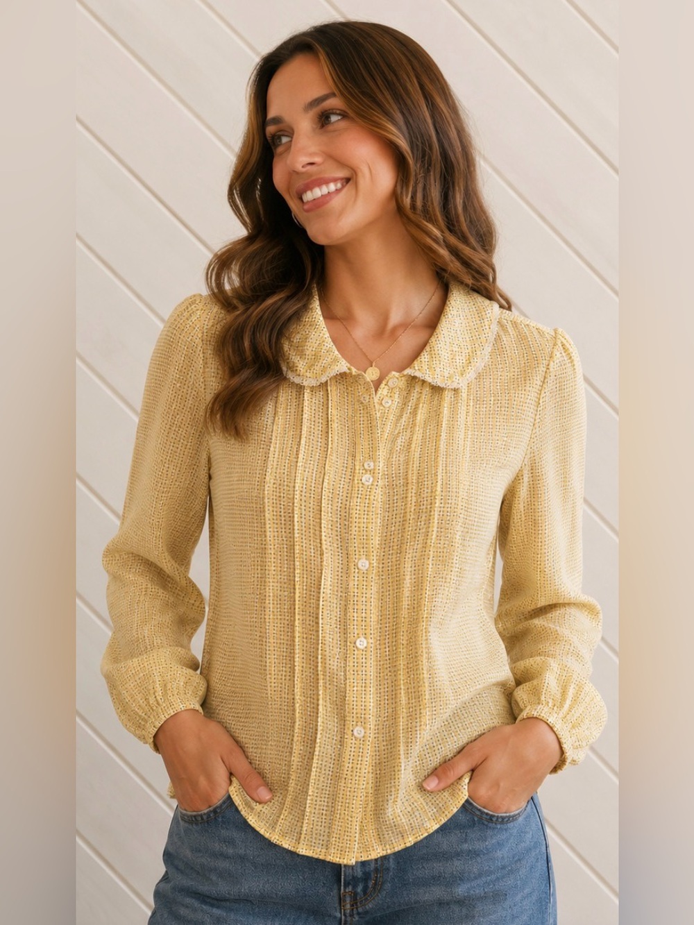 JUICY COUTURE Silk Button-Down Blouse Yellow Brown Lace
